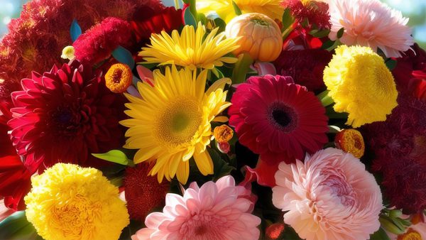 Selection of flowers; coloured red, yellow and pink, with flashes of green leaves.