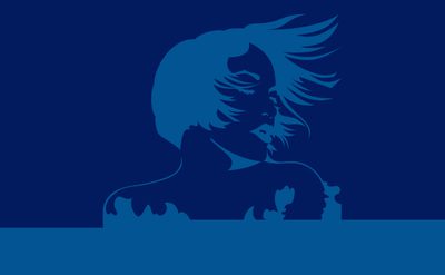 The silhouette of a woman, on a dark blue background, her short hair is blowing in the wind.