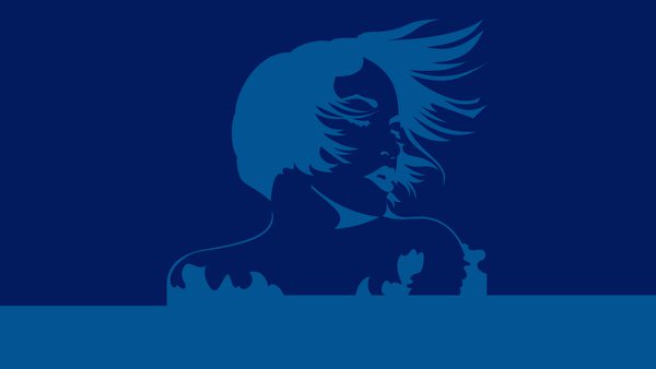 The silhouette of a woman, on a dark blue background, her short hair is blowing in the wind.