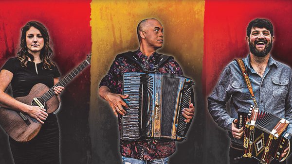 Three individuals holding musical instruments against a vibrant red, yellow, and black background. One holds an acoustic guitar, another plays an accordion, and the third holds a smaller accordion or concertina.