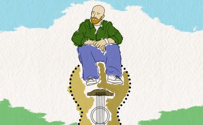 A watercolour painting of a man wearing a green jacket, blue trousers and trainers sitting on top of an upside down guitar.