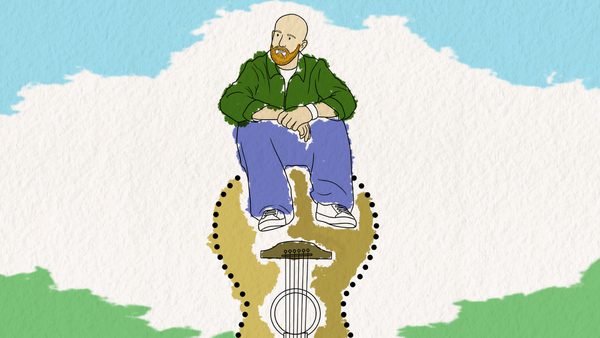 A watercolour painting of a man wearing a green jacket, blue trousers and trainers sitting on top of an upside down guitar.