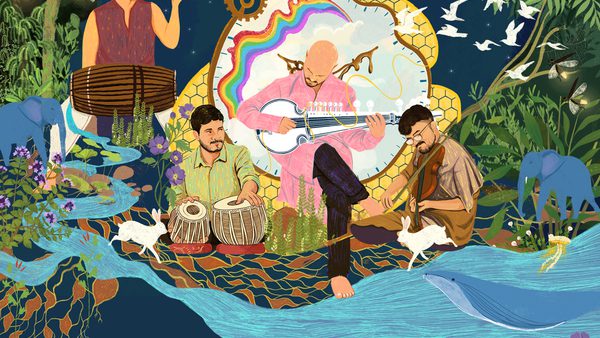 An illustration of 4 people playing instruments, they are surrounded by a flowing river, an elephant, birds, rabbits, bees, flowers and trees.