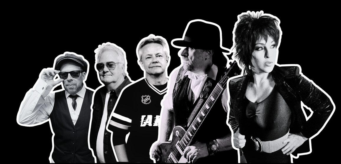 A black and white photo of five people standing on a black background outlined in white.