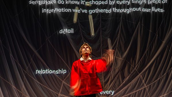 Person in a red shirt standing in front of a dark, draped background with projected text that reads: 'sengurave do know it's shaped by every single piece of information we've gathered throughout our lives. detail relationship every