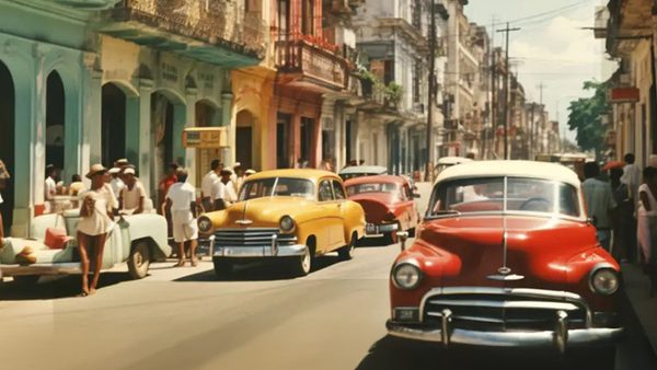 A Cuban street with people walking. There are two vintage cars parked, one red and one yellow.