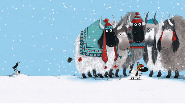 Group of five yaks and one smaller yak standing in the snow, wearing colorful winter hats and scarves, with snowflakes falling and a small bird on the left side against a light blue background.