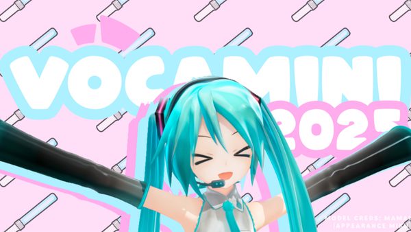Animated character with teal hair and a headset, resembling Hatsune Miku, stands with arms outstretched against a pink background with microphone patterns. Large text reads “VOCAMINI 2025”; smaller text in the corner credits the model appearance.
