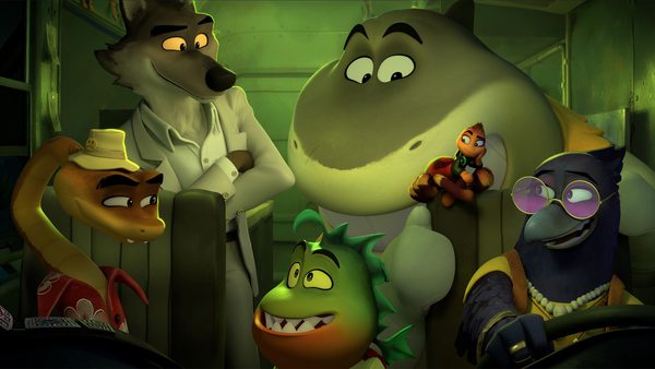 A group of animated anthropomorphic animals inside a room. The characters include a wolf in a white shirt, a snake wearing a hat, a green-scaled piranha with sharp teeth, a shark holding an orange fish, and an eagle with glasses and jewellery. They appear to be interacting in an enclosed space.