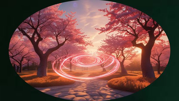A serene pathway lined with cherry blossom trees in full bloom, illuminated by a golden sunset sky. Swirling pink light trails add a magical touch to the tranquil scene.