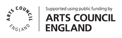 Logo of Arts Council England with the text 'Supported using public funding by ARTS COUNCIL ENGLAND' and a circular arrangement of the words 'ARTS COUNCIL ENGLAND' on the left. logo