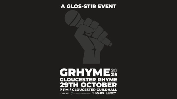 White text on a black background, in the centre is a hand holding a microphone.